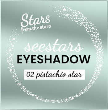 Kwadratowe opakowanie cienia Stars from the stars Seestars 02 pistachio star. Na błyszczącym tle turkusowym biały napis otoczony brokatem.