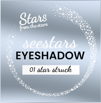 Opakowanie brokatowego cienia Seestars Eyeshadow 01 star struck, srebrne z białym napisem i wzorem gwiazd.