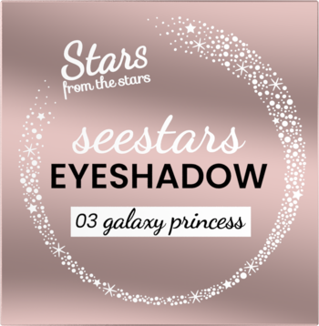 Kwadratowe, różowo-złote opakowanie cienia Stars from the stars Seestars 03 galaxy princess z brokatowym otokiem i białym napisem.