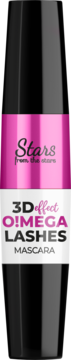 Czarny tusz do rzęs Stars from the Stars O!MEGA LASHES 3D effect, z różową i białą etykietą, widok pionowy.