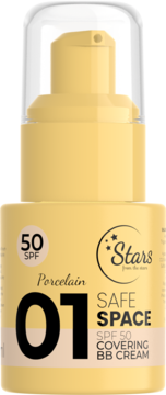 Beżowy krem BB Stars from the stars Safe Space SPF 50 Porcelain 01 w butelce z pompką, widok z przodu.