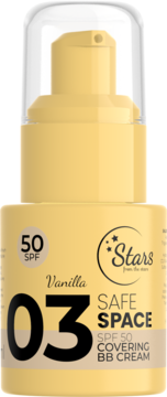 Stars Safe Space SPF 50 BB Cream 03 Vanilla, jasnożółta butelka z pompką, widok z przodu.