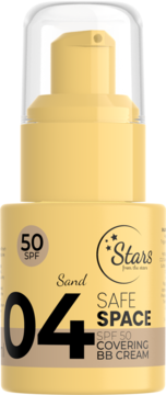Kryjący krem BB Stars Safe Space SPF 50, odcień 04 Sand, w beżowej butelce z pompką, widok z przodu.