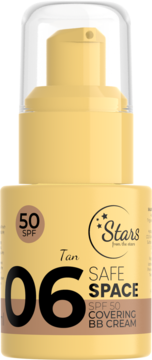 Stars from the Stars Safe Space SPF 50 Covering BB Cream 06 Tan, beżowa butelka z pompką, widok z przodu.