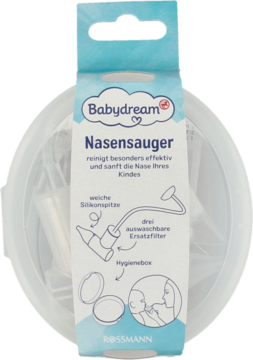 Babydream Nasensauger (aspirator do nosa) w niebiesko-białym opakowaniu, z widocznymi akcesoriami i pudełkiem.