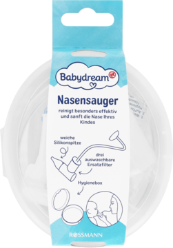 Niebiesko-biały Babydream Nasensauger Rossmann w opakowaniu z ilustracjami, miękką silikonową końcówką i filtrami.