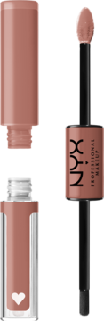 Otwarta dwustronna pomadka NYX Shine Loud nr 25 Daring Damsel w odcieniu nude z aplikatorem i bazą z sercem.
