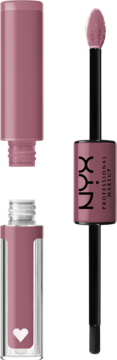 Otwarta dwustronna pomadka NYX Shine Loud nr 26 fierce flirt, baza w odcieniu brudnego różu i top coat.