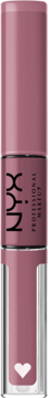 Dwustronna pomadka NYX Shine Loud 26 Fierce Flirt w różu, z białym sercem na dole, widok z przodu.