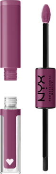Dwustronna fioletowa pomadka NYX Shine Loud, z wyjętym aplikatorem i otwartą tubką błyszczyka.