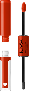NYX Shine Loud nr 27: otwarta czerwona pomadka w płynie, widoczny aplikator i przezroczysta tubka z sercem.