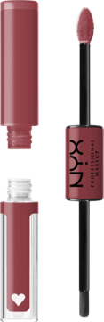 Otwarta dwustronna pomadka NYX Shine Loud nr 26 Movie Maker: aplikator z różową bazą i przezroczysty top coat.