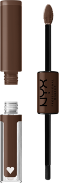 NYX Shine Loud brązowa pomadka w płynie nr 27, dwustronna, z otwartym aplikatorem i błyszczącym topem.