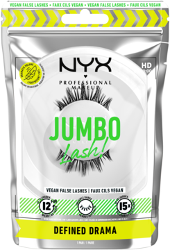 NYX Jumbo Lash Defined Drama, srebrna torebka z wegańskimi sztucznymi rzęsami, napisy w neonowej zieleni.