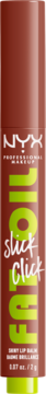 NYX Fat Oil Slick Click, brązowy balsam do ust z neonowozielonym napisem. Widok z przodu.