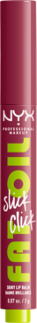 NYX Fat Oil Slick Click balsam do ust, ciemnoczerwony sztyft z neonowo-zielonym napisem, widok z przodu.