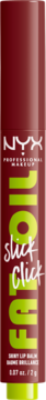 NYX Fat Oil Slick Click, ciemnoczerwony balsam do ust w tubce z zielonym napisem Fat Oil, widok z przodu.