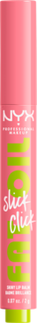 NYX Fat Oil Slick Click, różowy balsam do ust z neonowo-zielonym napisem, widok pionowy na produkt.