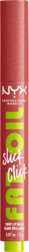 NYX Fat Oil Slick Click, czerwony sztyft balsamu do ust z zielonym napisem Fat Oil, pionowy widok.