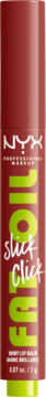 Czerwono-zielony balsam NYX Fat Oil Slick Click. Pionowe ujęcie z przodu, białe napisy, błyszcząca tuba.