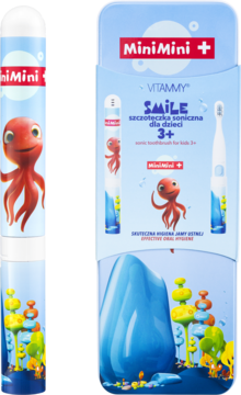 Vitammy MiniMini+ soniczna szczoteczka dla dzieci z ośmiorniczką, widoczna w opakowaniu i osobno.