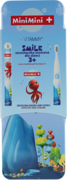 Front opakowania Vitammy Smile, sonicznej szczoteczki dla dzieci 3+. Logo MiniMini+, rysunek czerwonej ośmiorniczki na tle rafy.