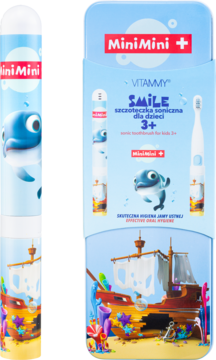 Dziecięca szczoteczka soniczna Vitammy Smile 3+ w niebieskim opakowaniu z wesołym delfinem i statkiem.