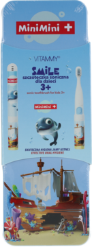 Vitammy Smile szczoteczka soniczna dla dzieci 3+ w niebieskim opakowaniu z delfinem i wrakiem, widok z przodu.