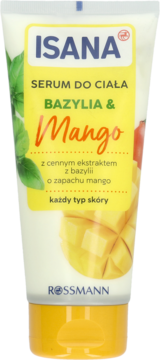 Isana Serum do Ciała Bazylia & Mango w białej tubce, widok z przodu, z grafiką liści bazylii i mango.