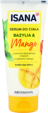 Biała tubka Isana Serum do ciała Bazylia & Mango, z żółtą etykietą i grafiką owoców, widok z przodu.