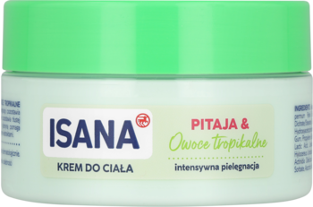 Krem do ciała ISANA Pitaja & Owoce Tropikalne w białym słoiku z zieloną nakrętką, widok z przodu.