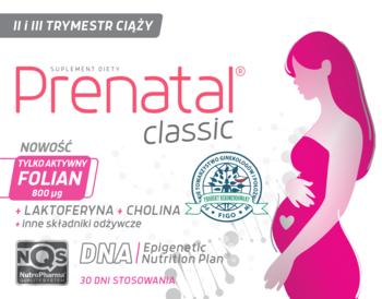 Białe opakowanie Prenatal Classic dla II/III trymestru ciąży, z folianem, laktoferyną i choliną, różowa grafika.