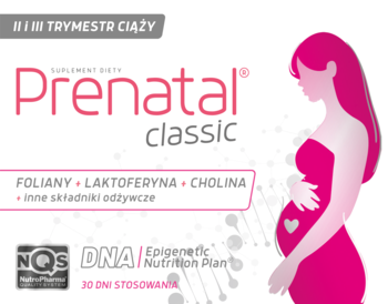 Prenatal Classic suplement diety, biało-różowe opakowanie, ciężarna kobieta, foliany, laktoferyna, cholina.
