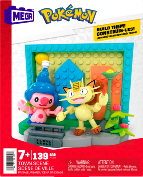 Mega Pokémon Town Scene 139-piece set. Mime Jr. and Meowth figures stand on a colorful brick diorama.