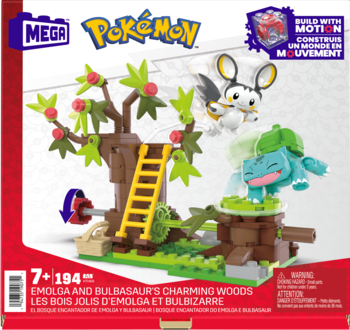 Zestaw MEGA Pokémon Zaczarowany Las z Emolgą i Bulbasaurem, 194 el., ruchoma figurka Emolgi, widok pudełka.