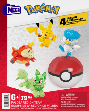 Mega Pokémon Paldea Region Team zestaw: 4 figurki (Pikachu, Fuecoco, Sprigatito, Quaxly) i Poké Ball, widok pudełka.