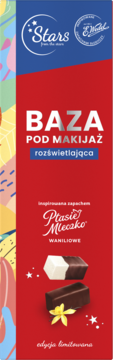 Czerwone opakowanie rozświetlającej bazy pod makijaż Stars from the Stars x E.Wedel, z rysunkiem waniliowych Ptasie Mleczko.