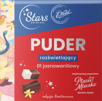 Front opakowania pudru rozświetlającego Stars x E.WEDEL 01 jasnowaniliowy, z motywem Ptasiego Mleczka.