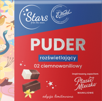 Puder rozświetlający Stars x E.WEDEL 02 ciemnowaniliowy, opakowanie z grafiką Ptasie Mleczko, widok z przodu.