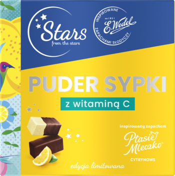 Żółto-niebieskie opakowanie pudru sypkiego Stars from the Stars x E.Wedel z witaminą C o zapachu Ptasie Mleczko.