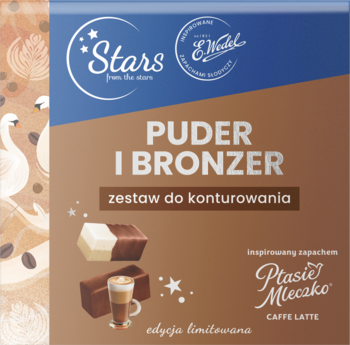 Przednie opakowanie palety Stars x E.WEDEL z pudrem i bronzerem o zapachu Ptasie Mleczko Caffe Latte.