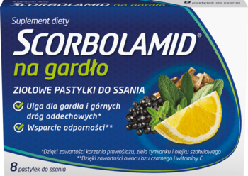 SCORBOLAMID na gardło ziołowe pastylki w biało-niebieskim pudełku z cytryną, owocami i liśćmi, widok z przodu.
