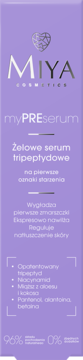 Fioletowe serum Miya myPREserum, tripeptydowe, na pierwsze oznaki starzenia, widok z przodu.
