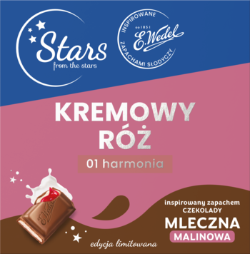 Kremowy róż Stars x Wedel 01 Harmonia, inspirowany zapachem malinowej czekolady. Kwadratowe opakowanie.