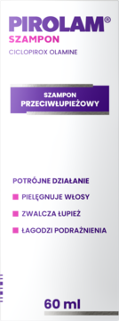 Białe opakowanie szamponu Pirolam 60 ml. Szampon przeciwłupieżowy z fioletowym napisem, widok z przodu.