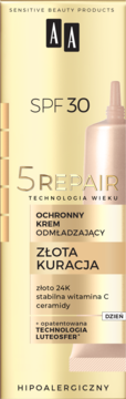 Złoty krem AA 5Repair Złota Kuracja SPF 30 w butelce z pompką, widok z przodu, z logo AA i napisem 5 REPAIR.