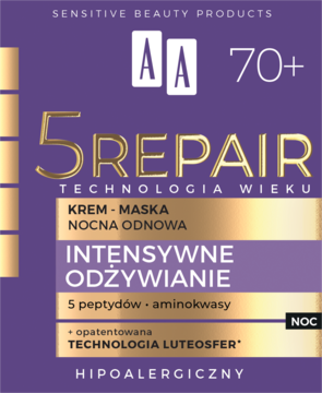 Fioletowe opakowanie kremu AA 5 Repair 70+ na noc, z złotymi detalami i napisem Intensywne Odżywianie.