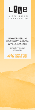 Opakowanie serum AA LAAB Tetra-C Yuzu. Biała etykieta z czarnym i pomarańczowym tekstem na tle pomarańczowych wzgórz.