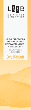 Rozświetlająco-nawilżający krem AA Laab SPF 50+, biała etykieta z czarnym i pomarańczowym tekstem.