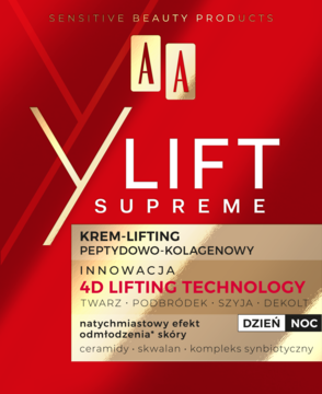 Czerwone opakowanie kremu AA YLift Supreme peptydowo-kolagenowego, na dzień i noc, widok z przodu.